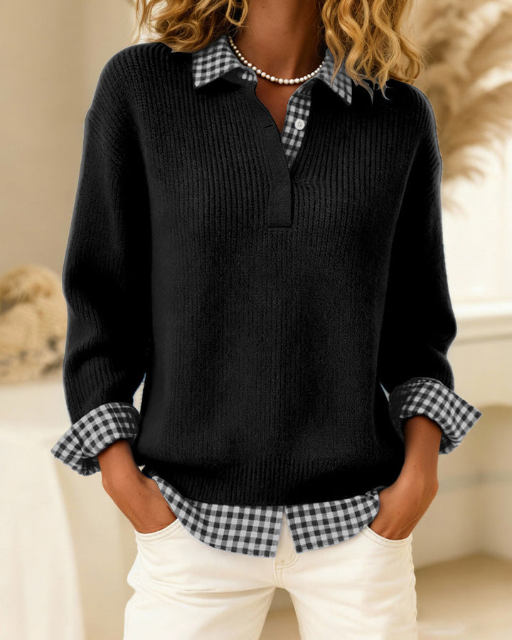 Solid Color Pullover with Checkered Patchwork