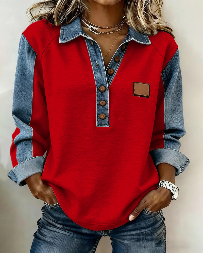Stylish Sweatshirt with Denim Patchwork and Long Sleeves