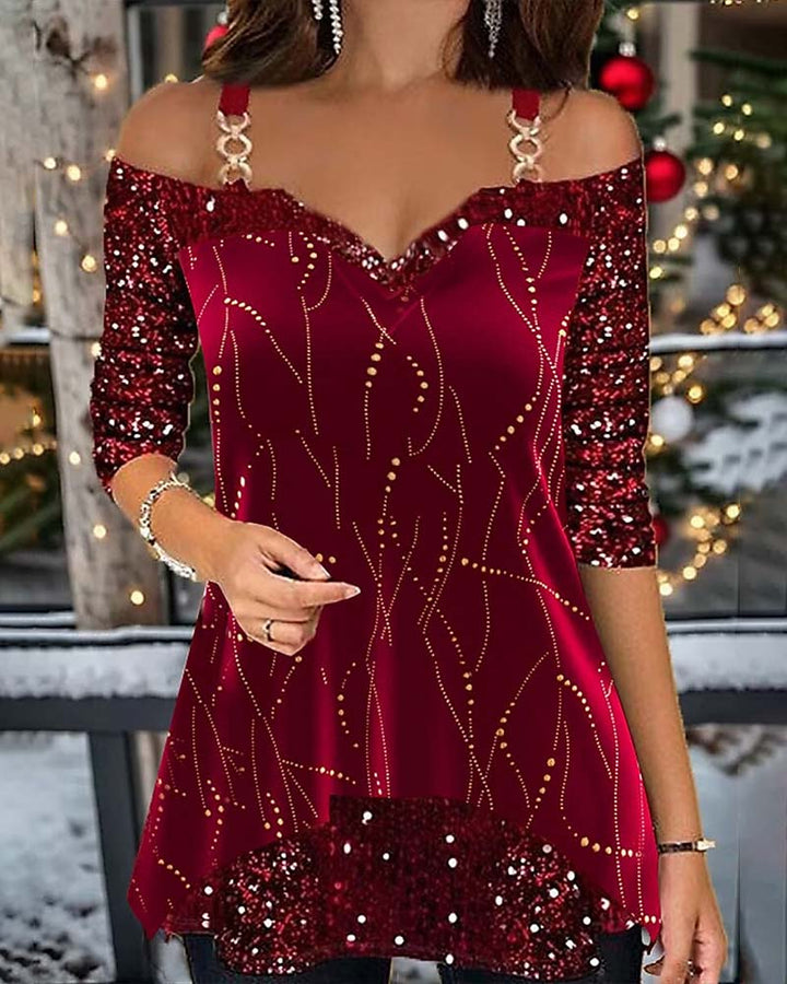 Top With Glitter Off-the-Shoulder Long Sleeve