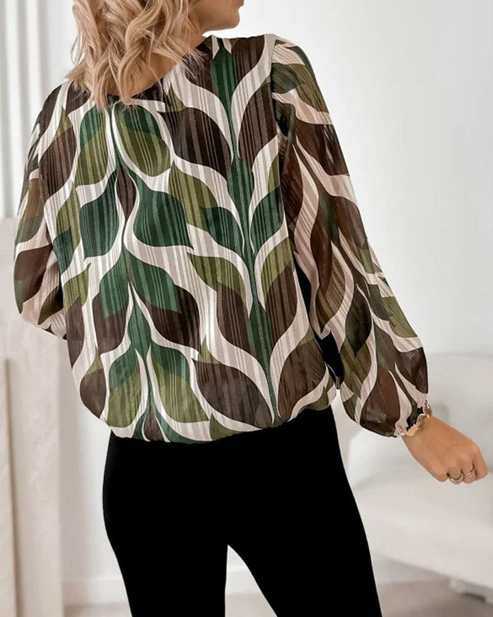 Blouse with Lantern Sleeves and Round Neckline