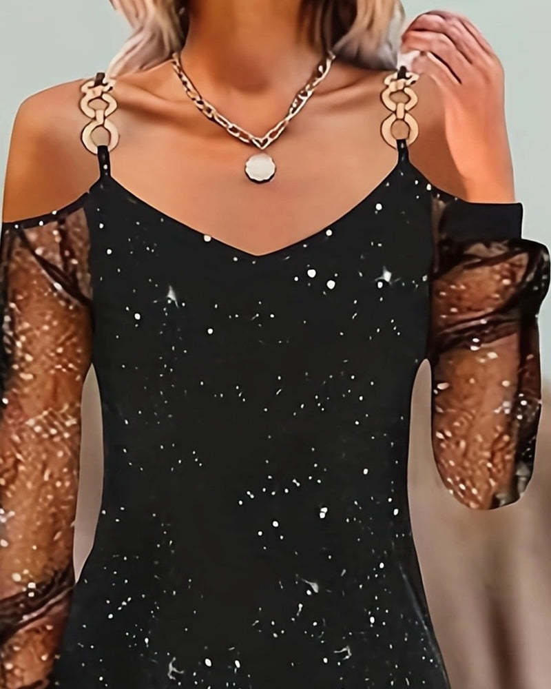 Dress with Straps Mesh Insert Long Sleeved