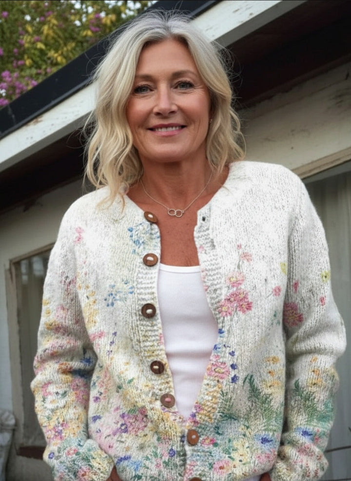 Vintage Flower Art Print Buttoned Cardigan Sweater