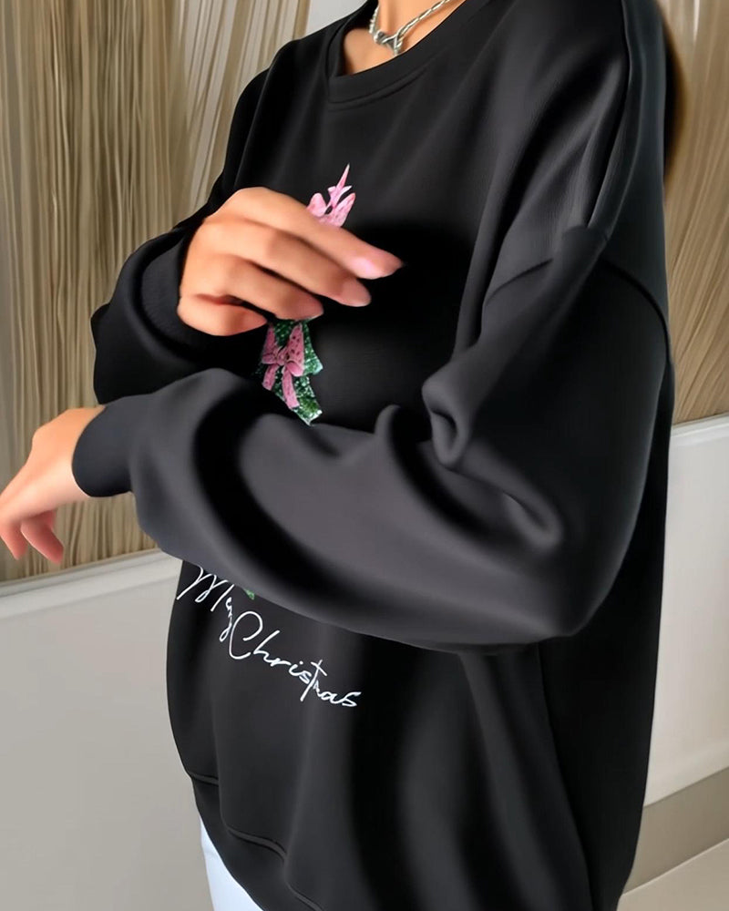 Crewneck Sweatshirt with Christmas Print and Long Sleeves